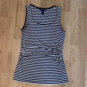 White House Black Market Gathered Black and White Striped Top with Gold Accent